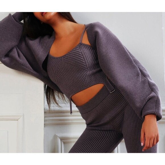 Alo Denim Knit Shawl Raisinette Oversized Relaxed Cropped Sweater Shrug Bolero - Picture 6 of 16